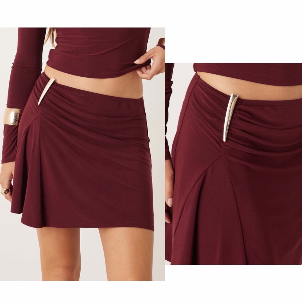 ASOS burgundy ruched mini skirt with gold trim detail